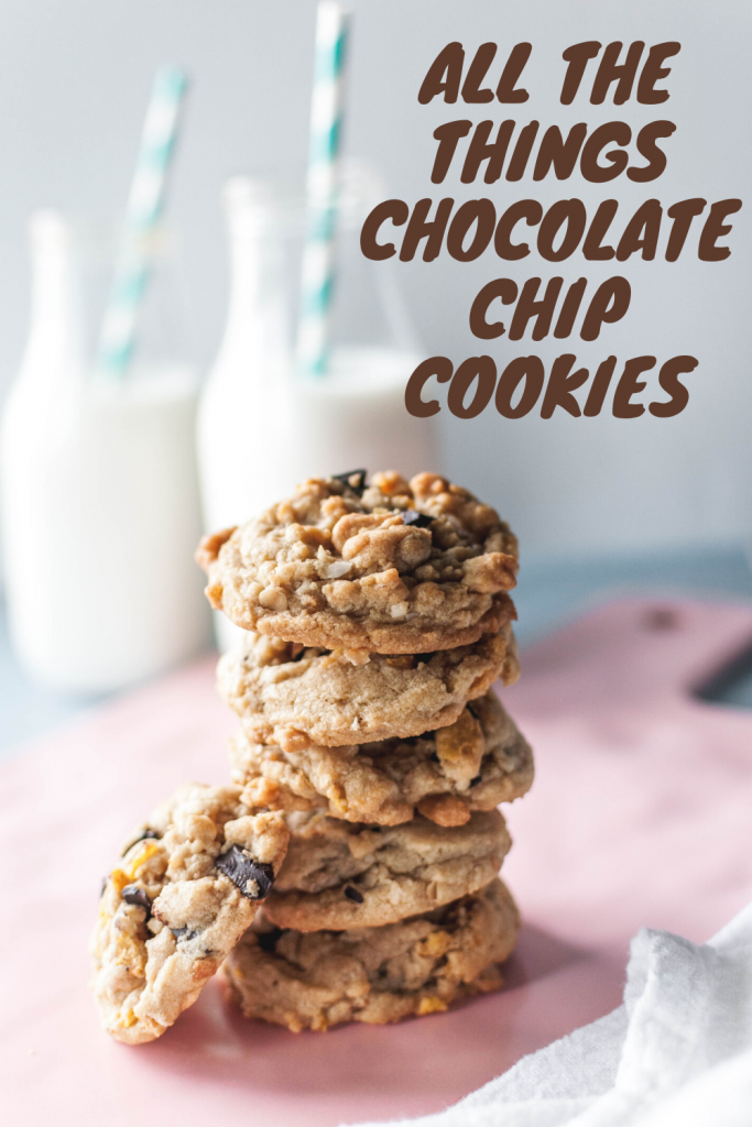 If you're looking for a sweet, salty, chewy, slightly crunchy dessert I've got you covered with these All the Things Chocolate Chip Cookies. They are packed with all kinds of goodies that will satisfy that sweet and salty craving.