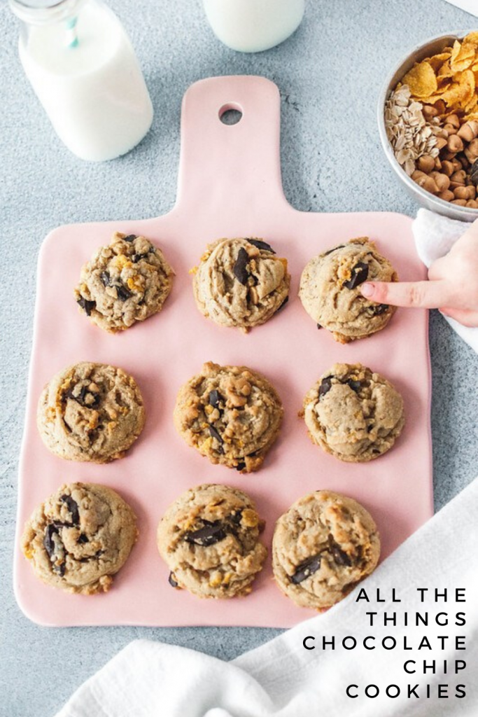 If you're looking for a sweet, salty, chewy, slightly crunchy dessert I've got you covered with these All the Things Chocolate Chip Cookies. They are packed with all kinds of goodies that will satisfy that sweet and salty craving.