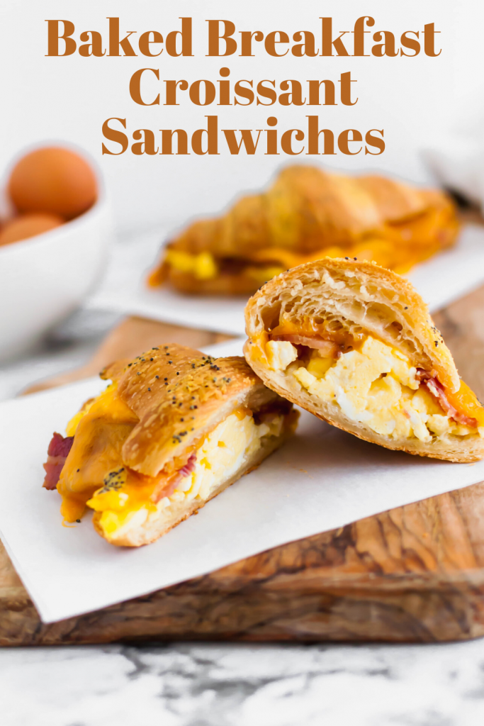 These Baked Breakfast Croissant Sandwiches start with a buttery, flaky croissants and are filled with scrambled eggs, crisp bacon and melted cheddar cheese to create a delicious hand held breakfast to enjoy at home or on the go.