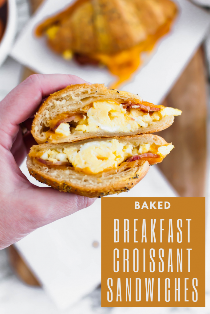 These Baked Breakfast Croissant Sandwiches start with a buttery, flaky croissants and are filled with scrambled eggs, crisp bacon and melted cheddar cheese to create a delicious hand held breakfast to enjoy at home or on the go.