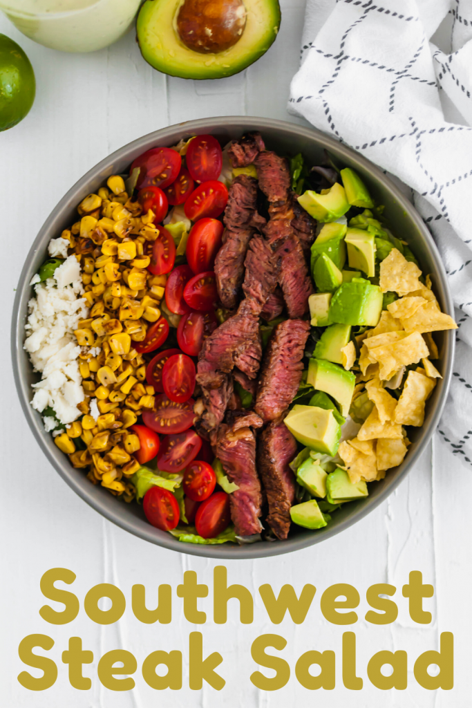 This Southwest Steak Salad is the ultimate summer salad. Packed with grilled steak rubbed with delicious southwest spices, charred corn, avocado, crumbled queso fresco, tomatoes and crushed tortilla chips.