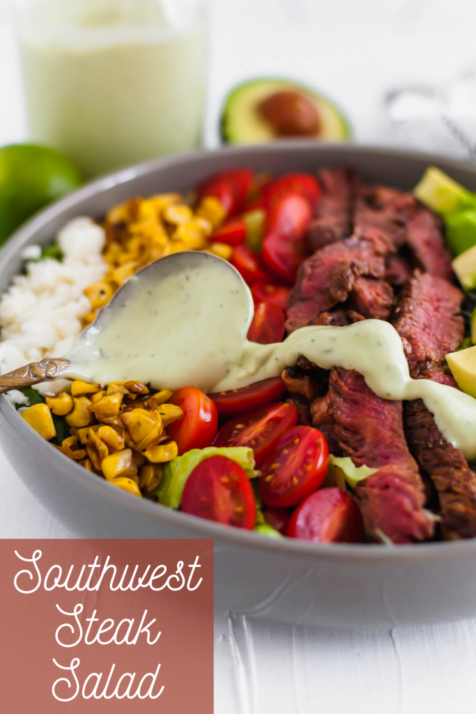 This Southwest Steak Salad is the ultimate summer salad. Packed with grilled steak rubbed with delicious southwest spices, charred corn, avocado, crumbled queso fresco, tomatoes and crushed tortilla chips.