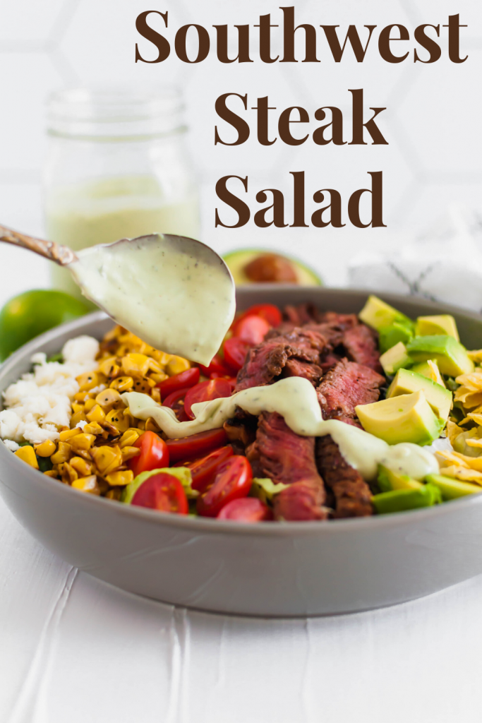 This Southwest Steak Salad is the ultimate summer salad. Packed with grilled steak rubbed with delicious southwest spices, charred corn, avocado, crumbled queso fresco, tomatoes and crushed tortilla chips.