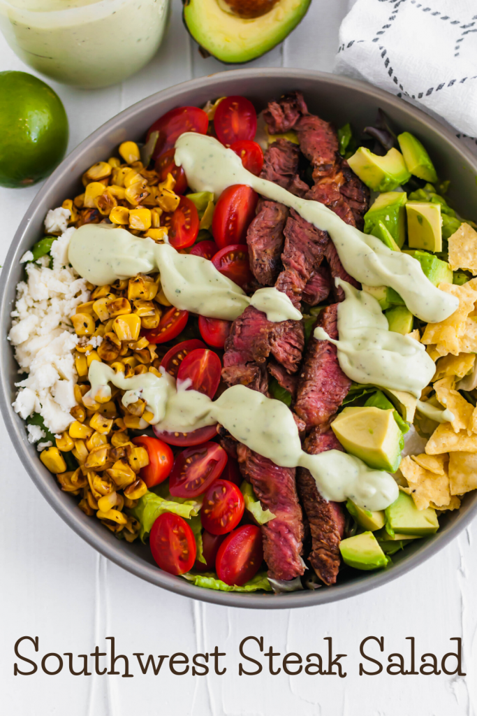 This Southwest Steak Salad is the ultimate summer salad. Packed with grilled steak rubbed with delicious southwest spices, charred corn, avocado, crumbled queso fresco, tomatoes and crushed tortilla chips.