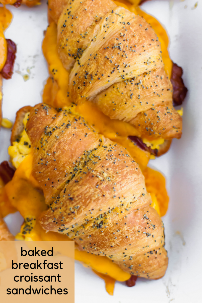 These Baked Breakfast Croissant Sandwiches start with a buttery, flaky croissants and are filled with scrambled eggs, crisp bacon and melted cheddar cheese to create a delicious hand held breakfast to enjoy at home or on the go.