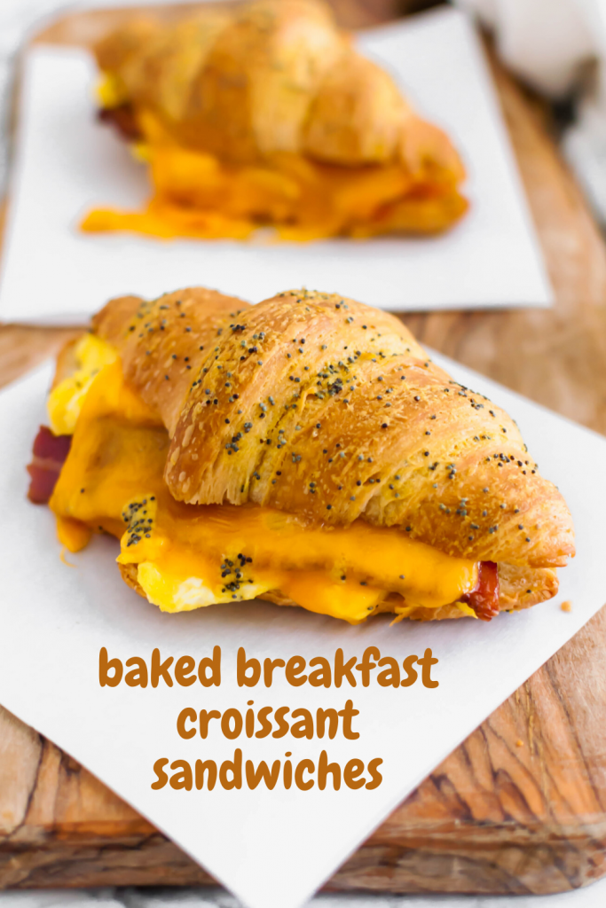 These Baked Breakfast Croissant Sandwiches start with a buttery, flaky croissants and are filled with scrambled eggs, crisp bacon and melted cheddar cheese to create a delicious hand held breakfast to enjoy at home or on the go.