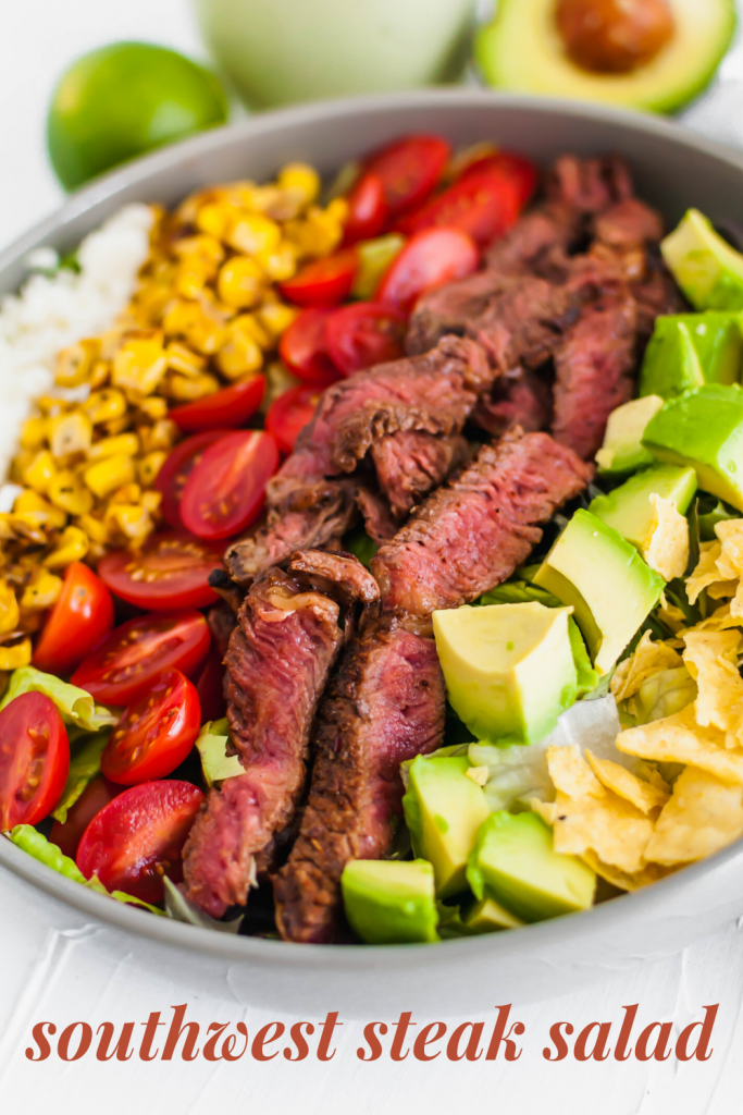 This Southwest Steak Salad is the ultimate summer salad. Packed with grilled steak rubbed with delicious southwest spices, charred corn, avocado, crumbled queso fresco, tomatoes and crushed tortilla chips.