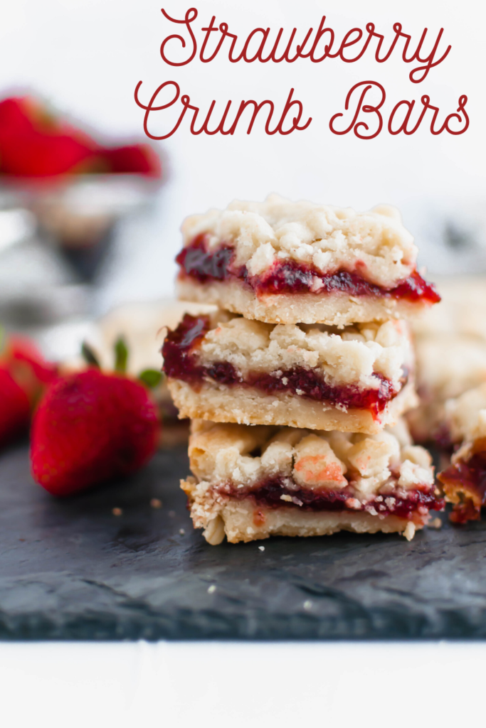 These Strawberry Crumb Bars are an amazing summer dessert. The simple shortbread crust also doubles as the crumble on top. Old-fashioned oats add a delicious chewy texture to the crust.