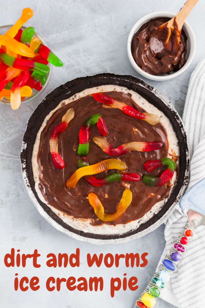 Dirt and Worms Ice Cream Pie is a fun way to treat the kids on these hot summer days. Cookies and cream ice cream, hot fudge and gummy worms with an Oreo crust make up this super fun dessert.