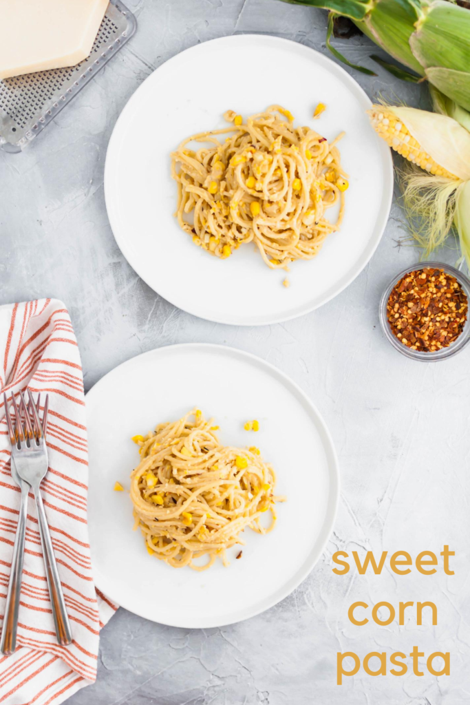 Put all the delicious in season sweet corn to use in this Sweet Corn Pasta. This fun play on alfredo sauce is sure to please the whole family. Done in less than 30 minutes using super simple, easy to find ingredients. Using fresh, local sweet corn is the best for this recipe.