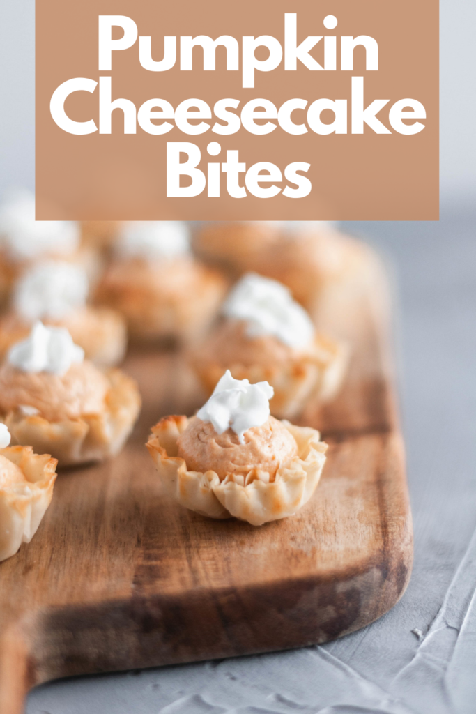 No bake pumpkin cheesecake filling piled high in crispy mini phyllo cups to make these adorable Mini Pumpkin Cheesecake Bites. They are easy as can be and perfect for fall.