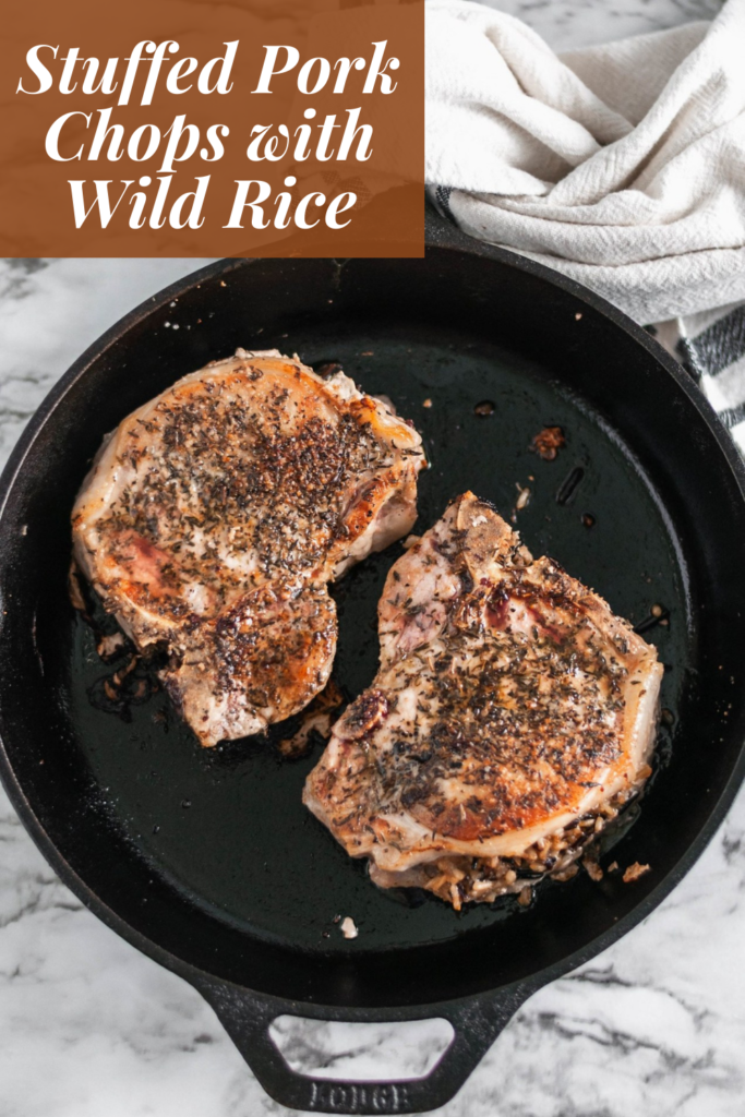 We’re getting a little fancy here today but no worries, as always the recipe involves just a handful of easy to find ingredients. These Stuffed Pork Chops with Wild Rice are easy enough for a weeknight but dressed up enough for guests.