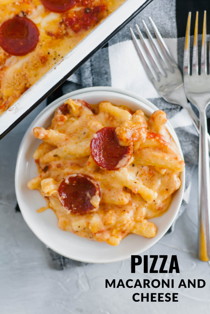 Two American favorites combine to make the most glorious Pizza Macaroni and Cheese. Creamy, cheesy pasta topped with pizza sauce, pepperoni and more cheese. Customize it and use your favorite toppings.