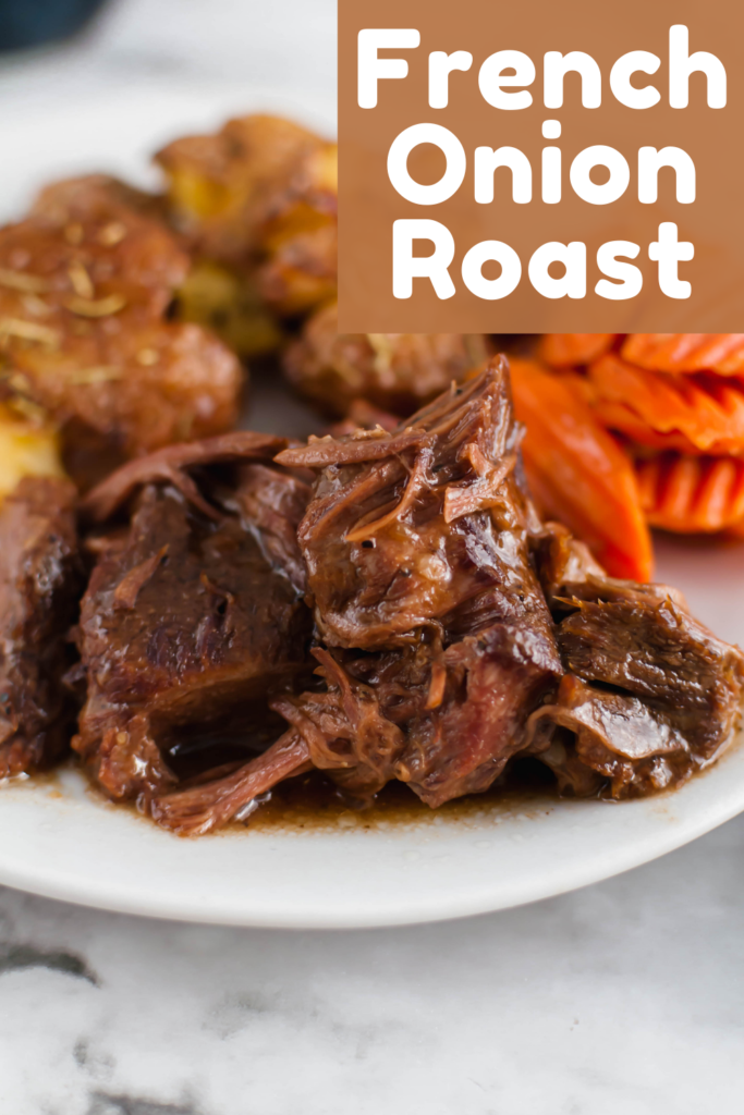 Slow Cooker French Onion Roast is simple yet full of flavor. Perfect comfort food on a chilly winter night. Simple ingredients slow cook all day to make the richest, most delicious pot roast.