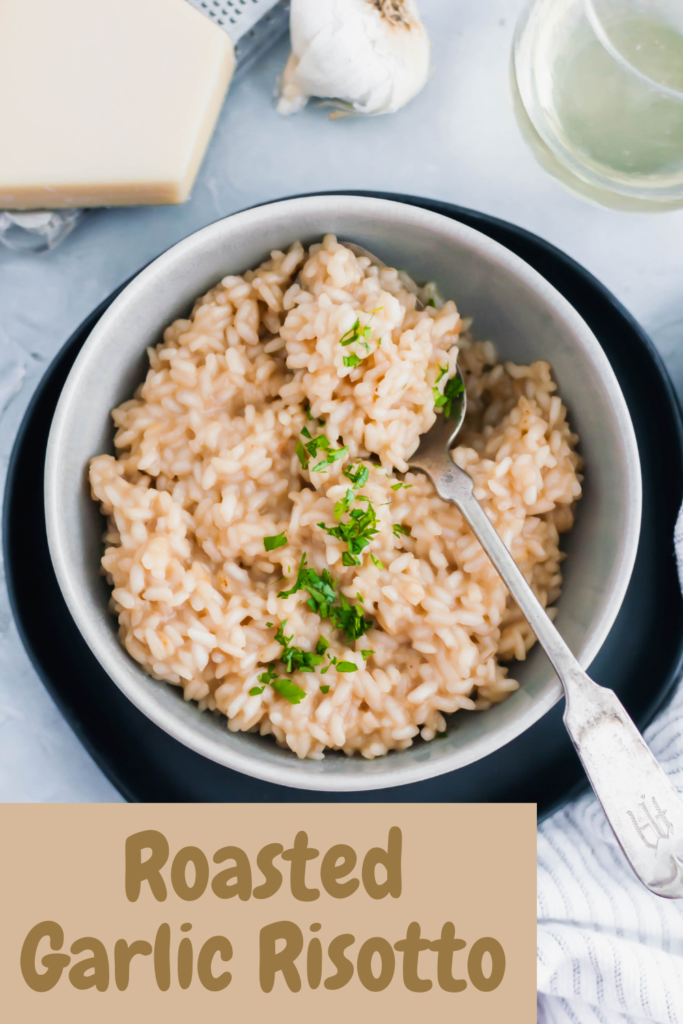 Date night in just got a little fancier with this Roasted Garlic Risotto. Simple risotto jazzed up with sweet, nutty roasted garlic.