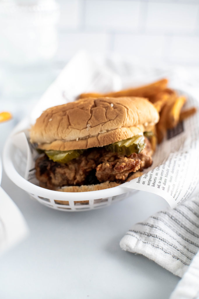 Close up of fried chicken sandwich.