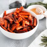 Honey Balsamic Roasted Carrots are a simple and delicious side dish for weeknights or holidays. Slightly tangy and sweet.