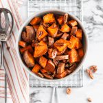 These Roasted Sweet Potatoes with buttery pecans are the perfect simple and easy side dish to add to your holiday menu. Less than 40 minutes from start to finish and you'll have sweet, tender, crunchy, buttery goodness on your dinner table.