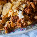 This Chorizo Scramble will become your favorite new quick and ultra flavorful breakfast. Scrambled eggs, spicy chorizo, crumbled queso fresco and crushed tortilla chips. Top with a little sour cream.