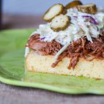 BBQ Pork Cornbread Stacks prove looks are deceiving. This fancy little dinner is incredibly simple to put together. BBQ, cornbread and coleslaw.