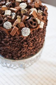 Chocolate Overload Layer Cake is the perfect way to celebrate a birthday or any day. Chocolate cake, chocolate frosting and mounds of chocolate candy.