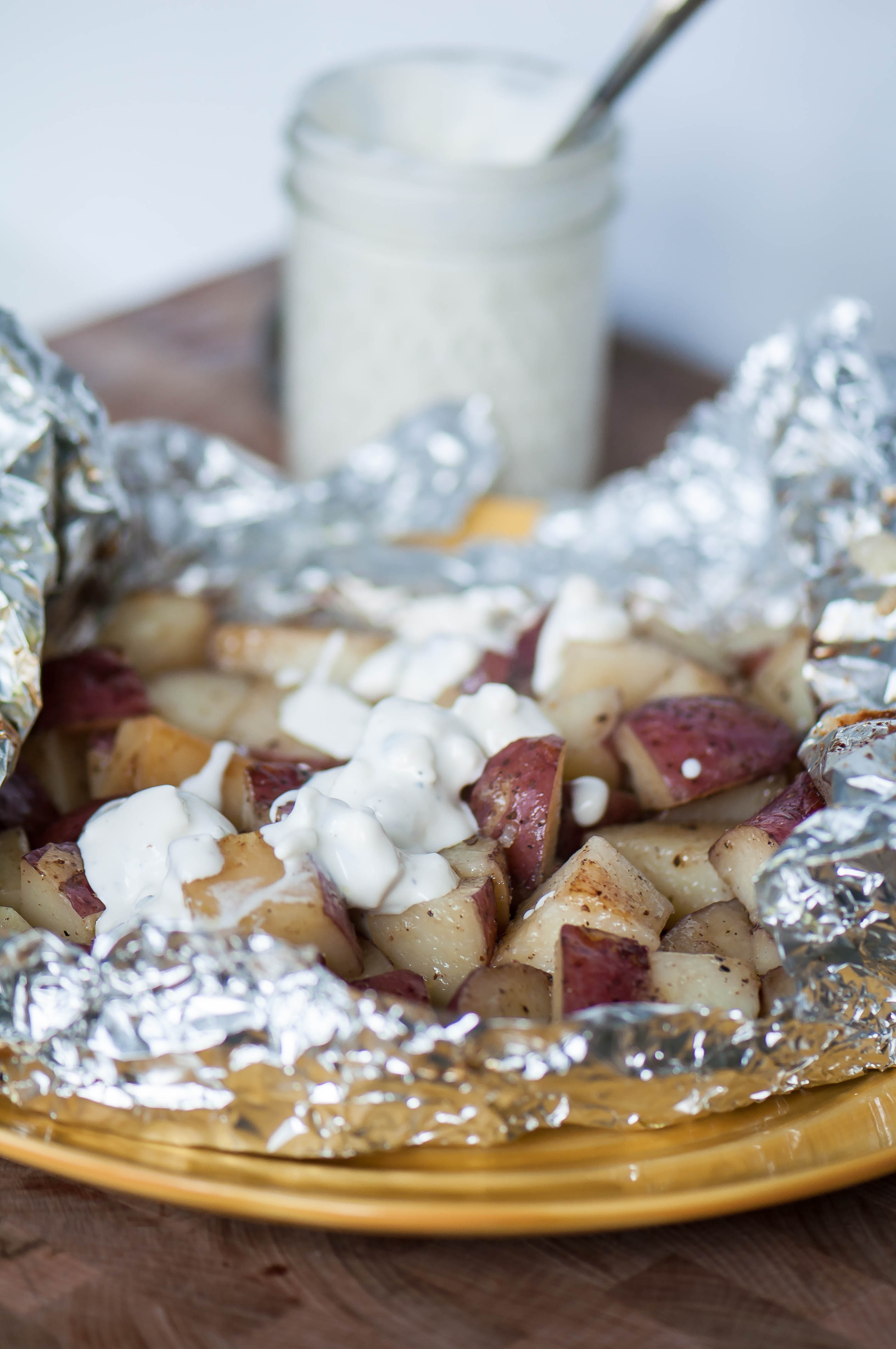 Foil Packet Potatoes with Blue Cheese Dressing
