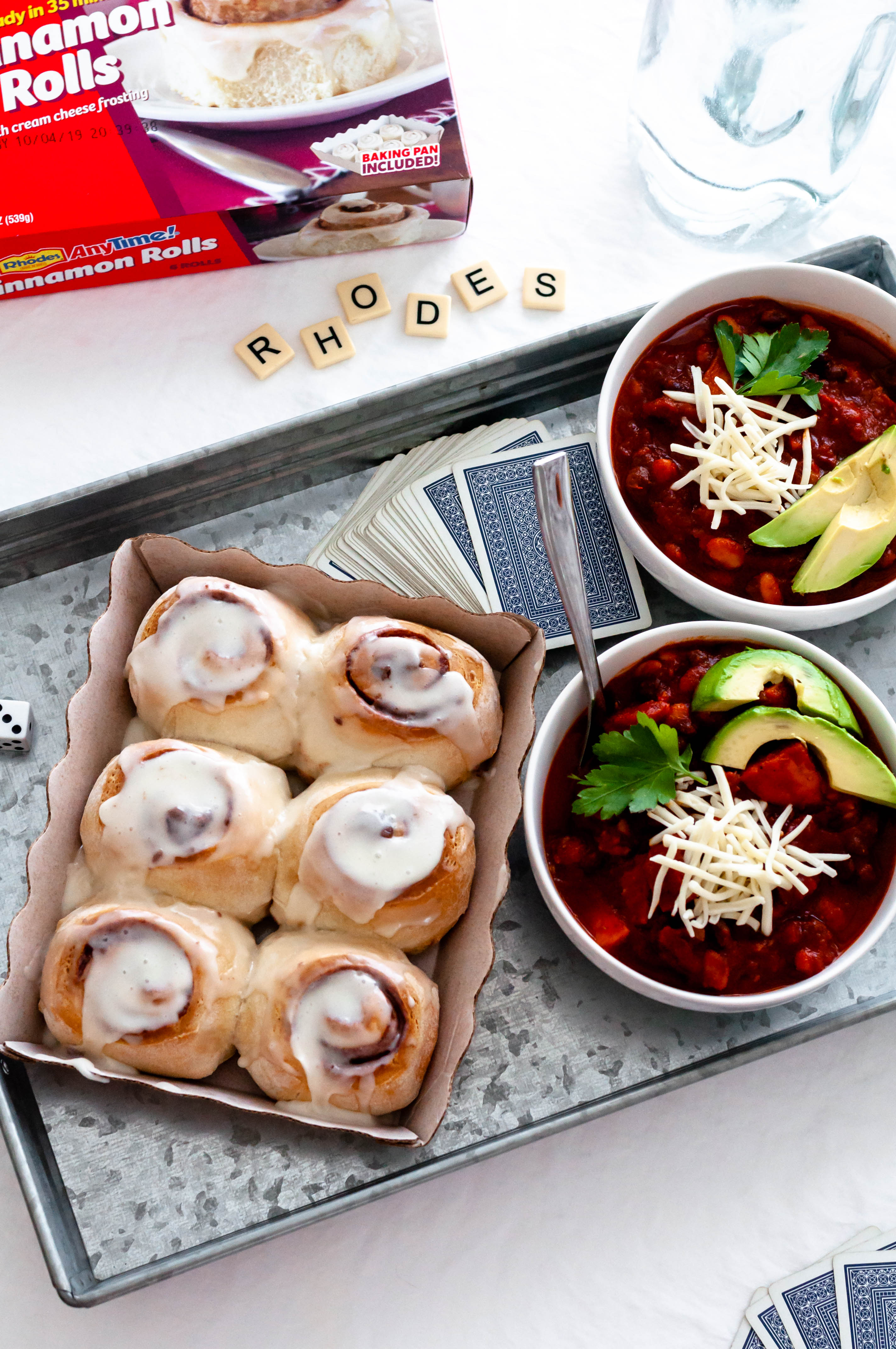 Rhodes Bake-N-Serve Anytime!® Cinnamon Rolls aren't just for breakfast. Bake up a box and make it a game night with Rhodes cinnamon rolls and chili.