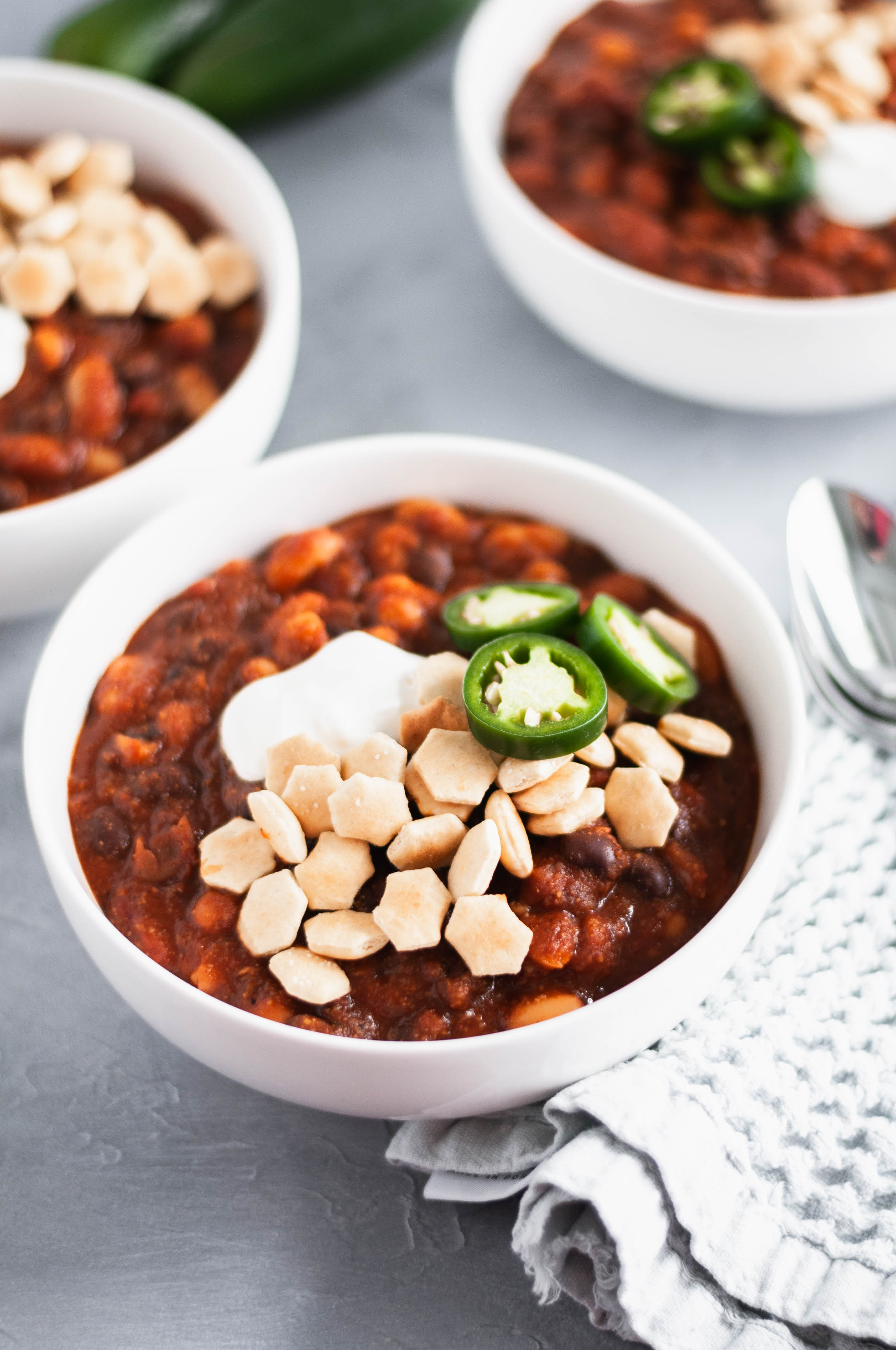 Whip up a batch of this 5 Bean Vegetarian Chili for your next gathering. Great for football watch parties, chilly fall days and weeknights alike.