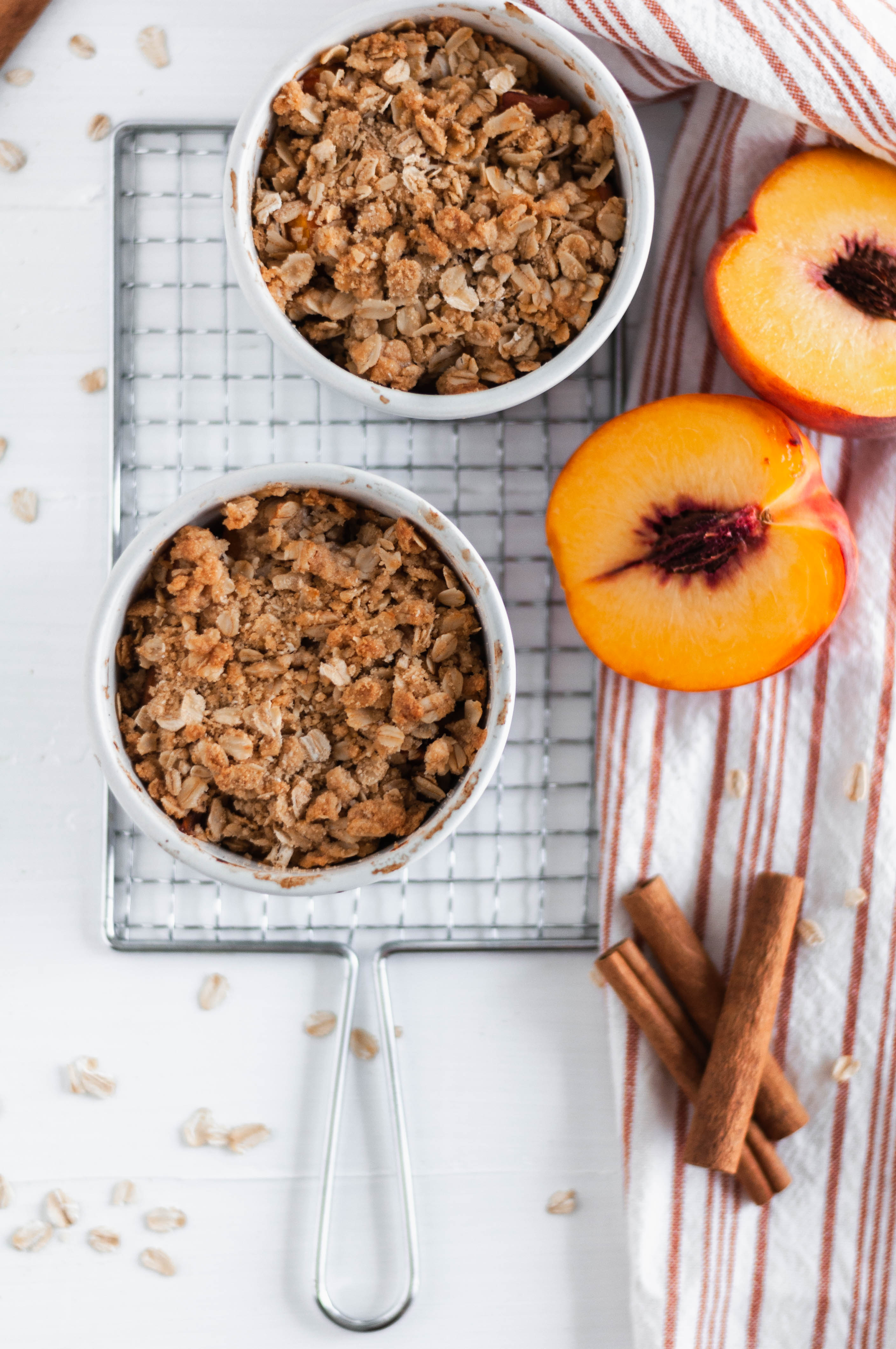 Feed that sweet tooth with just the right amount with this Small Batch Peach Crisp recipe. It makes two mini desserts and they are made in 45 minutes from start to finish.