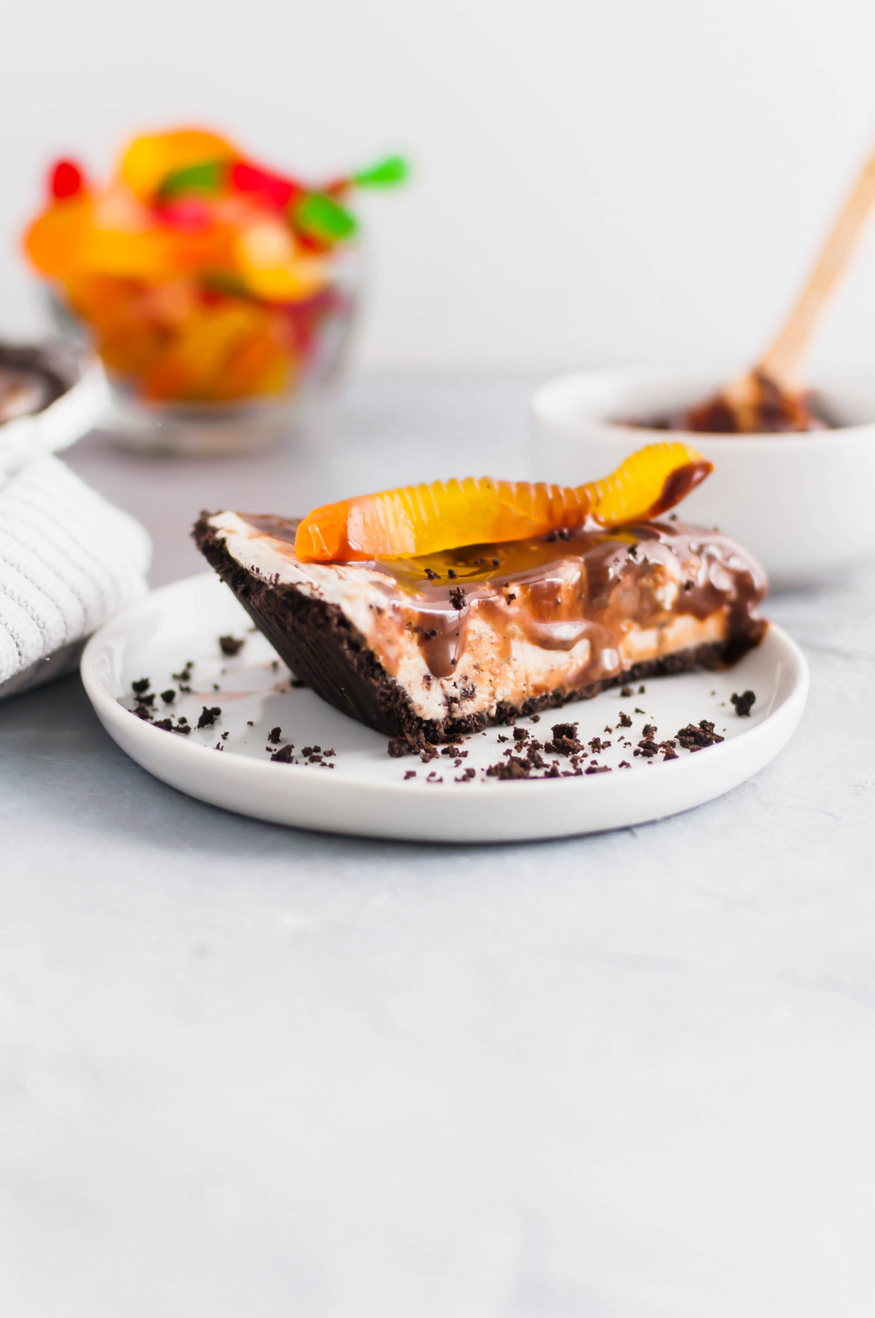 Dirt and Worms Ice Cream Pie is a fun way to treat the kids on these hot summer days. Cookies and cream ice cream, hot fudge and gummy worms with an Oreo crust make up this super fun dessert.