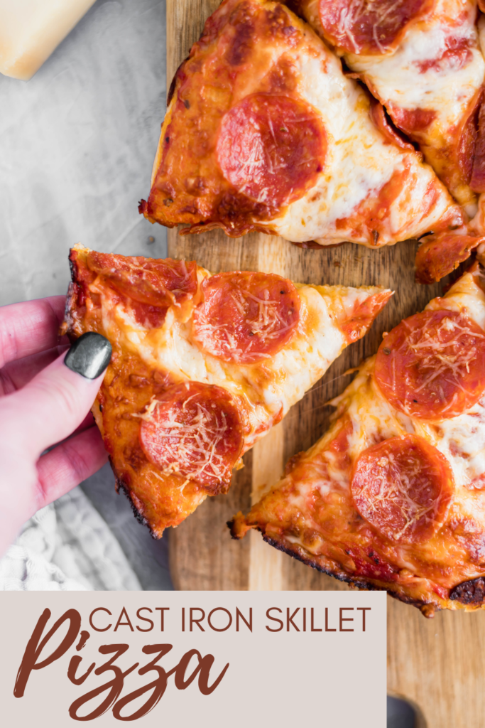 Movie night just got a whole lot better with this Cast Iron Skillet Pizza. It has the perfect crispy bottom and is topped with your favorite pizza toppings.