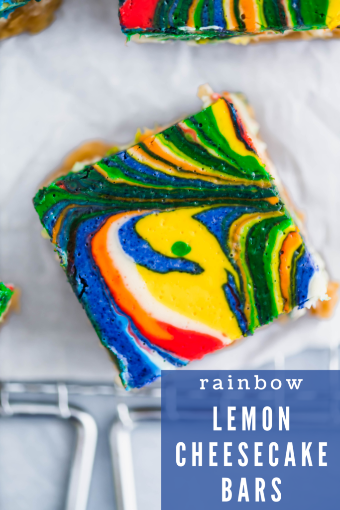 Celebrate St. Patrick's Day with these adorable, incredibly delicious Rainbow Lemon Cheesecake Bars. A lemon oreo crust is topped with a simple lemon cheesecake filling then swirled with all the colors of the rainbow. Switch up the colors of these cheesecake bars to make them for any occasion.