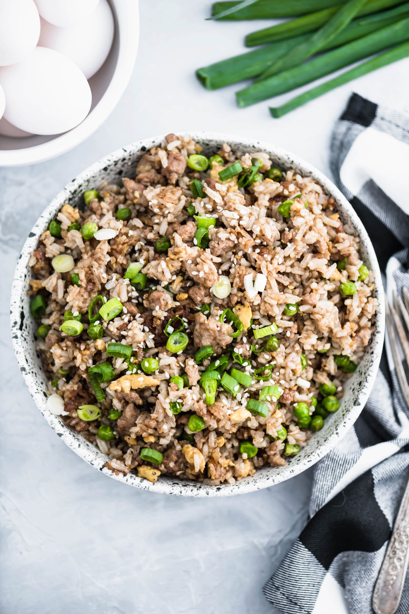 This Chinese takeout inspired Ground Pork Fried Rice is super fast to throw together for lunch or dinner. A great use of leftover rice.