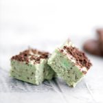 Close up of two pieces of grasshopper fudge.
