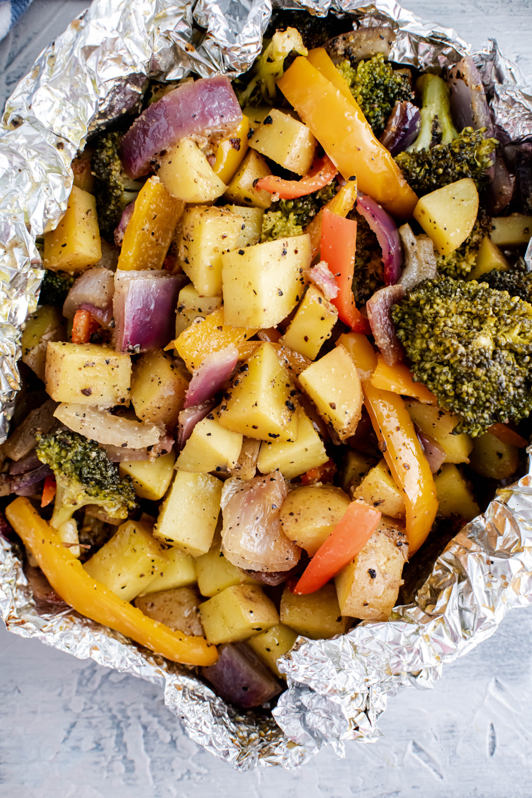 Grilled vegetables in a foil packet.