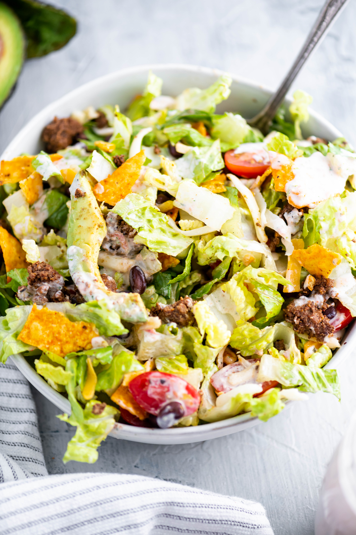 Large bowl of ground beef taco salad