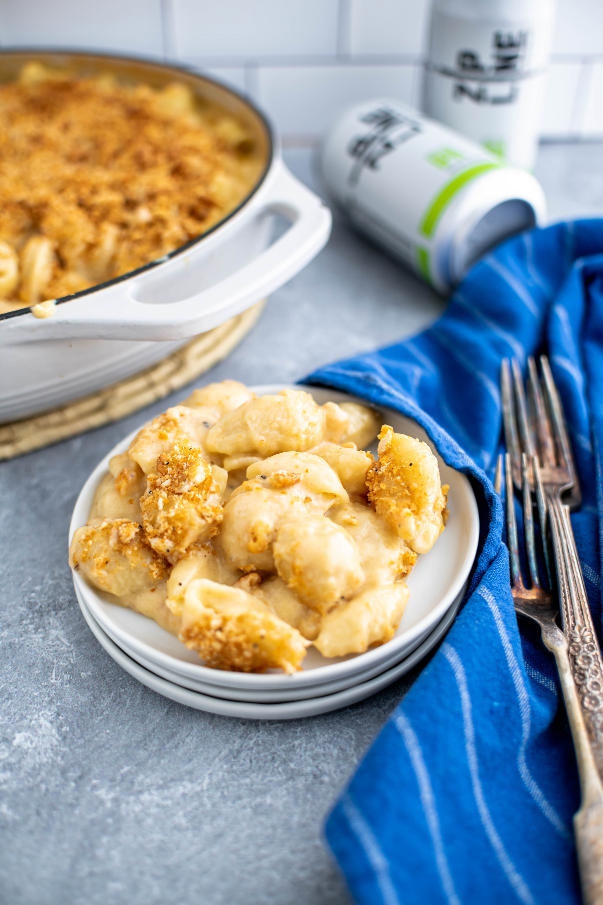 Small white plate of beer mac and cheese.